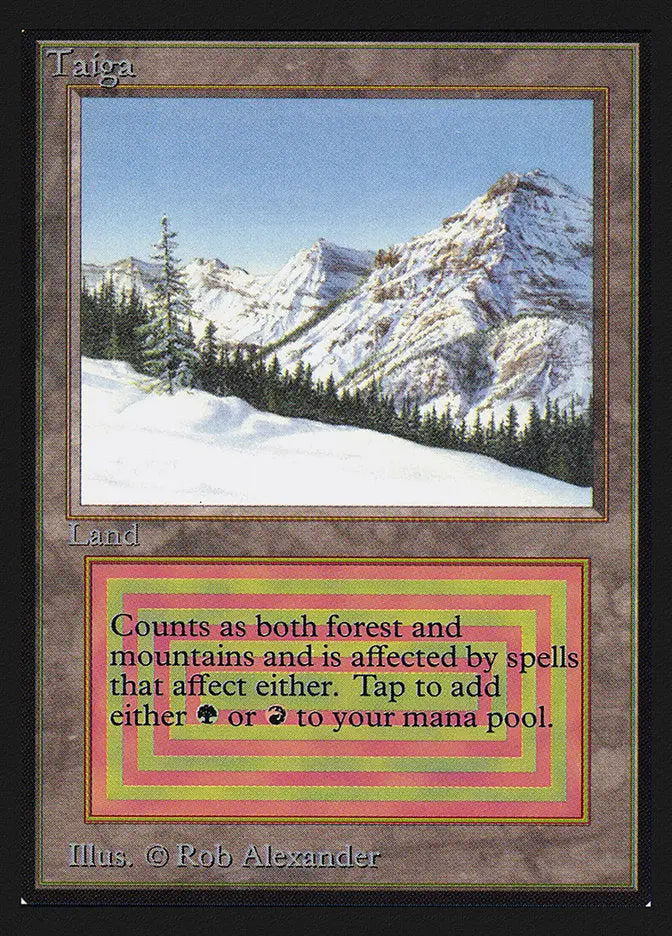 Snow-covered mountain peaks and evergreen trees in Magic: the Gathering trading cards