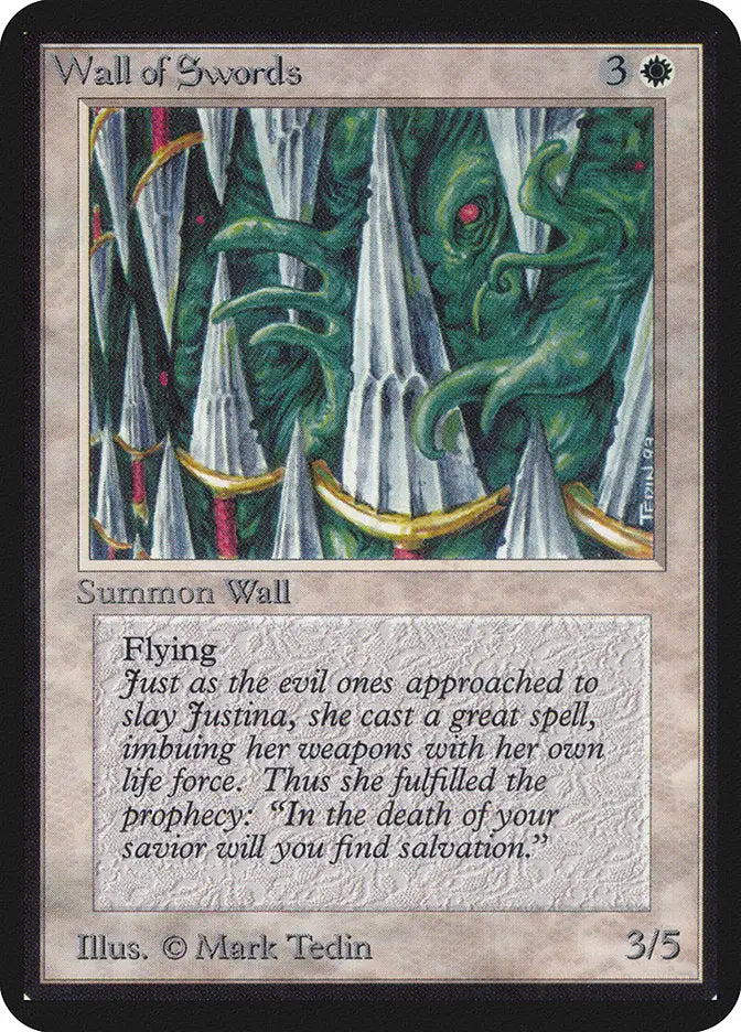 Magic: The Gathering MTG Alpha Edition Wall of Swords with green foliage backdrop
