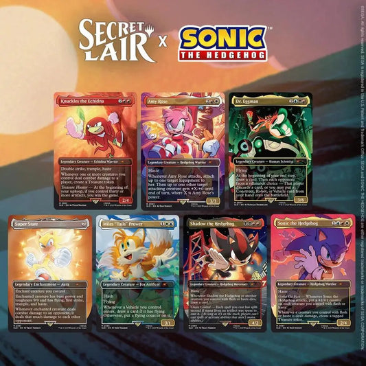Sonic the Hedgehog Magic the Gathering Secret Lair non-foil edition cards on display