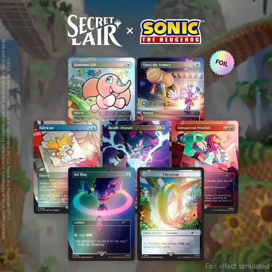 Sonic the Hedgehog Magic the Gathering cards in Secret Lair Turbo Gear Rainbow Foil Edition