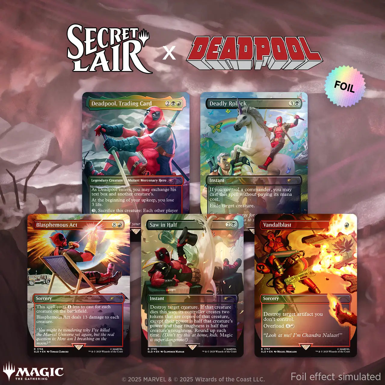 Deadpool-themed Magic The Gathering Secret Lair rainbow foil cards collection