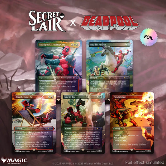 Deadpool-themed Magic The Gathering Secret Lair rainbow foil cards collection