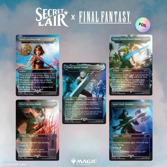 Magic The Gathering Secret Lair x Final Fantasy rainbow foil cards showcasing iconic weapons