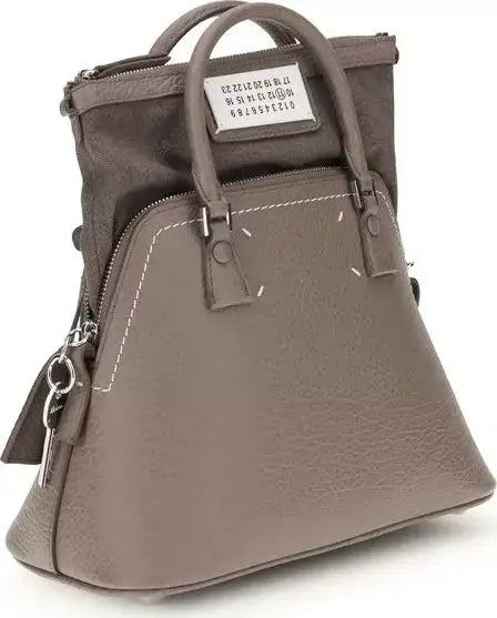 Taupe leather Maison Margiela 5AC handbag with white stitched trim and key charm
