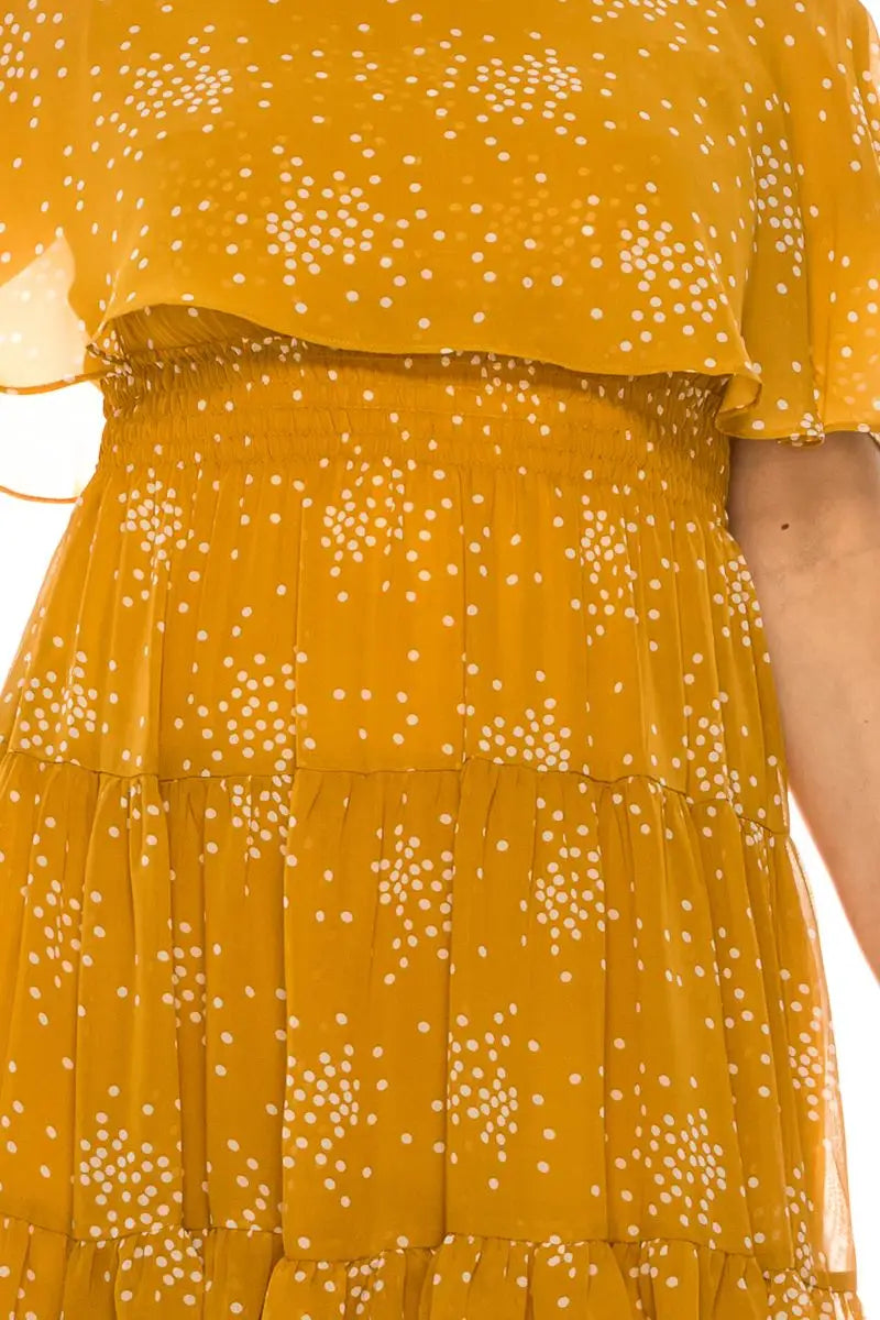 Maison Tara Golden Spice tiered chiffon midi dress with white polka dots and smocked waist