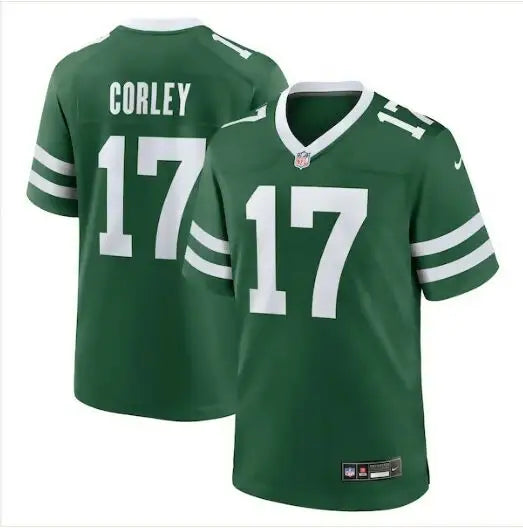 Green New York Jets Nike Malachi Corley game jersey with white numbers and lettering