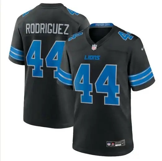 Detroit Lions Malcolm Rodriguez black football jersey with blue accents for sale