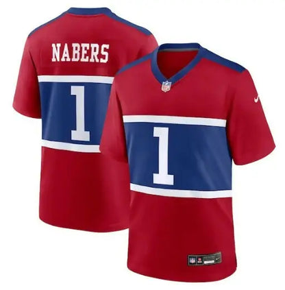 Red, white, and blue Malik Nabers York Giants Nike alternate game jersey with number 1