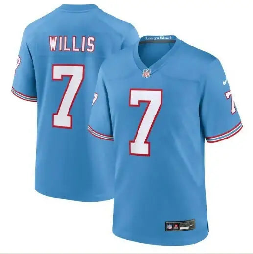 Light blue Malik Willis Tennessee Titans Nike Oilers throwback jersey with Willis 7 on back