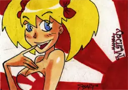Cartoon portrait of a blonde woman in red, featured on Luke Smarto’s sketch card