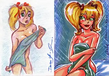 Two cartoon female characters in suggestive poses on a Dean Yeagle dual flip sketch card