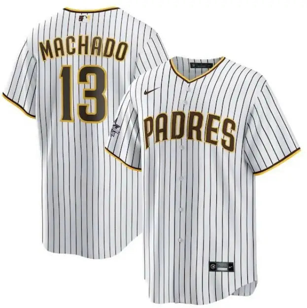White pinstripe baseball jersey featuring Manny Machado San Diego Padres Nike MLB All-Star Game design