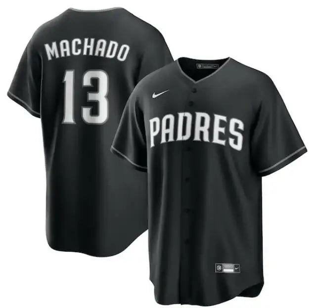 Black Padres baseball jersey featuring Manny Machado San Diego Padres Nike Lights Out design