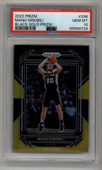 Manu Ginobili 2022-23 Prizm Black Gold Prizm basketball card graded GEM MT 10 by PSA