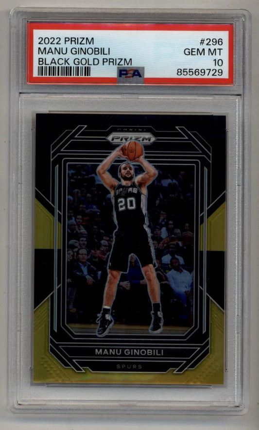 Manu Ginobili 2022-23 Prizm Black Gold Prizm basketball card graded GEM MT 10 by PSA
