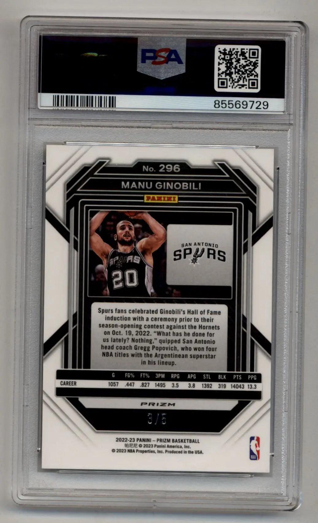 Graded Manu Ginobili 2022-23 Prizm Black Gold basketball trading card PSA 10