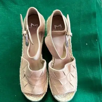 Marc Fisher beige leather wedge sandals with woven design and ankle straps for women