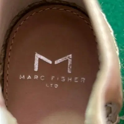 Brown shoe insole with silver logo for Marc Fisher beige wedge sandals size 9.5