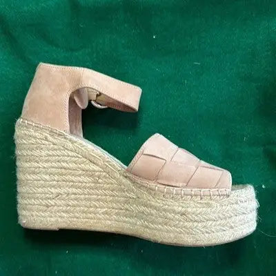 Light pink espadrille wedge sandal with woven toe strap and ankle buckle for marc fisher beige shoes