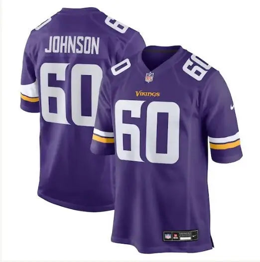 Purple Minnesota Vikings Nike jerseys with white numbers and yellow striped sleeves