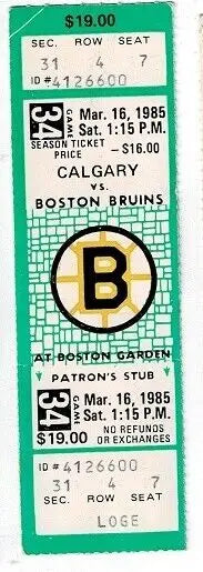 Vintage hockey ticket stub from March 16 1985 Boston Bruins vs Calgary Flames NHL