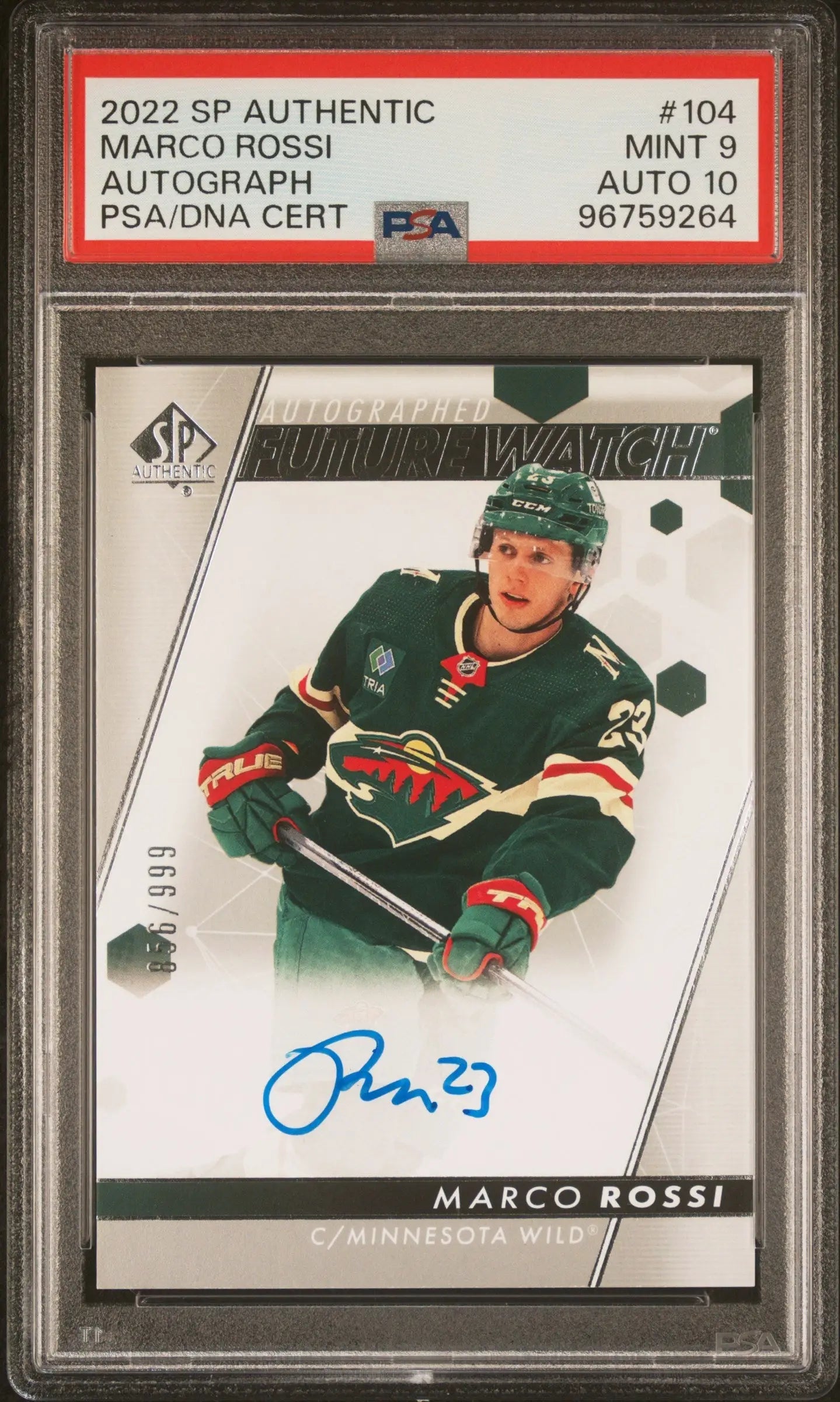 PSA-graded Marco Rossi 2022 Upper Deck SP Authentic Autograph Rookie card in green jersey