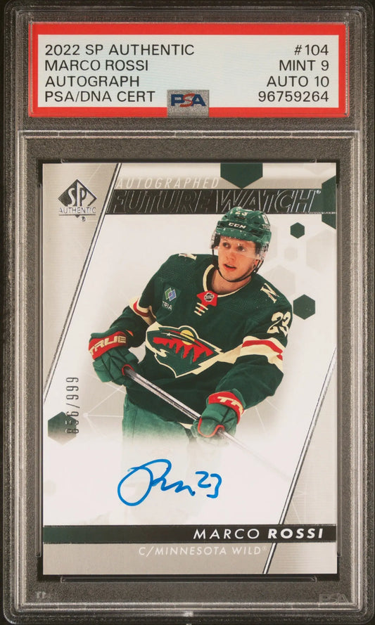 PSA-graded Marco Rossi 2022 Upper Deck SP Authentic Autograph Rookie card in green jersey