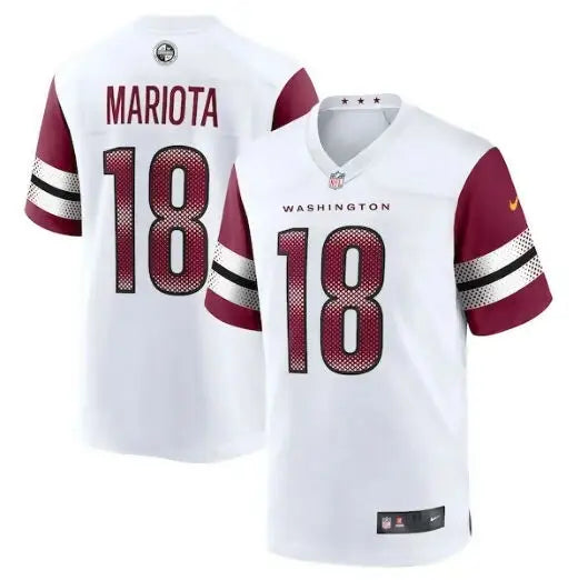 White and burgundy Marcus Mariota Washington Commanders Nike Game Jersey with number 18