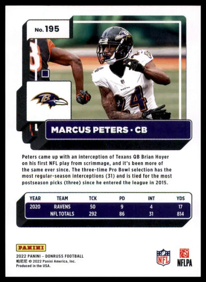 Marcus Peters football card from 2022 Donruss Baltimore Ravens series