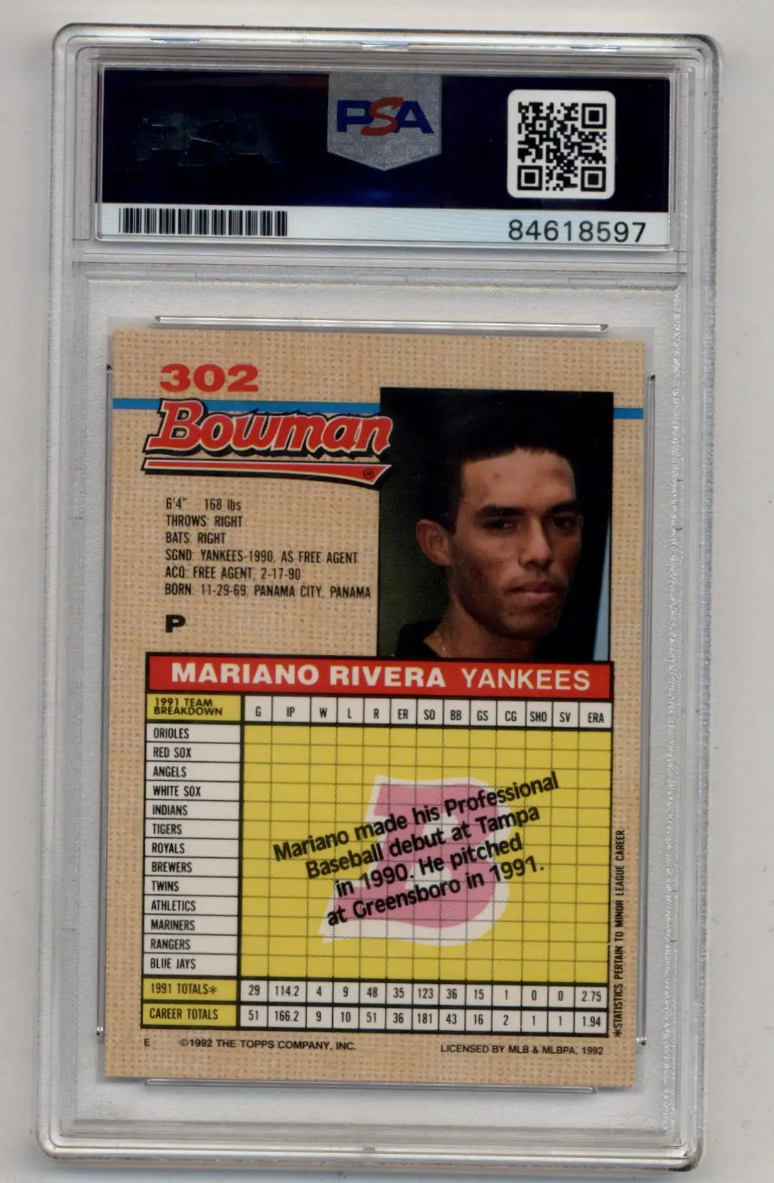 Graded 1992 Bowman Mariano Rivera rookie PSA auto card with PSA auto grade 10