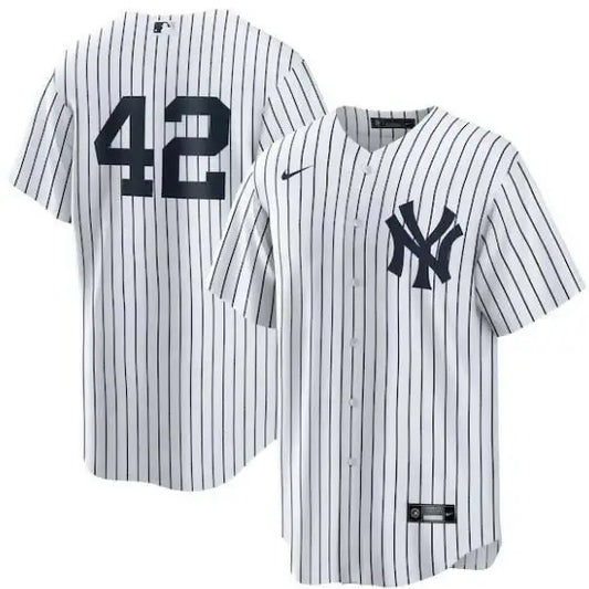 Mariano Rivera New York Yankees Nike White Retired Player Replica Jersey on display