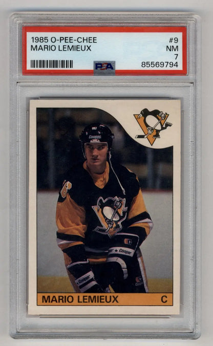 PSA graded 1985 O-Pee-Chee Mario Lemieux trading card in protective case