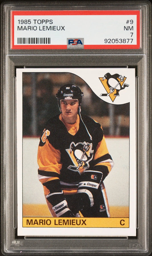 PSA-graded Mario Lemieux 1985 Topps hockey card in protective case for trading cards