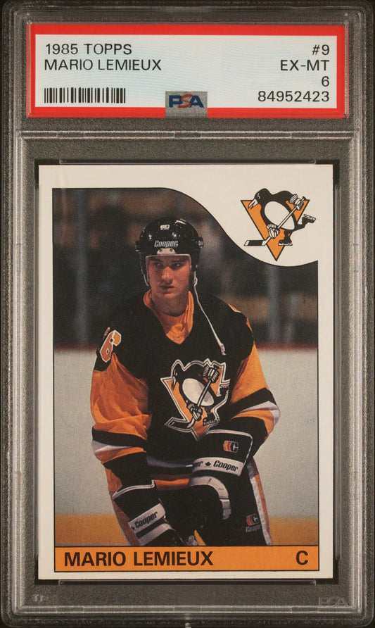 PSA-graded 1985 Topps Mario Lemieux rookie trading card in Pittsburgh Penguins uniform