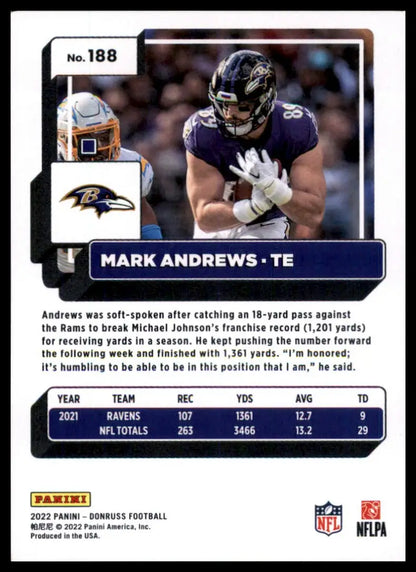 Mark Andrews football card from 2022 Donruss series featuring Baltimore Ravens player