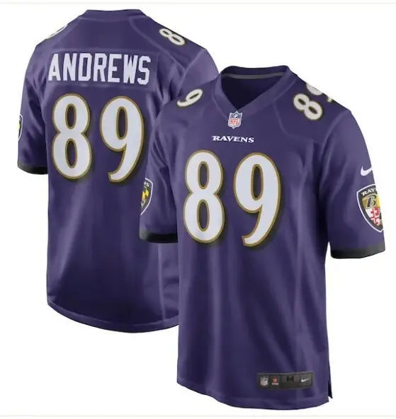 Purple Baltimore Ravens Mark Andrews Nike Game Jersey with Andrews 89 in white and gold trim