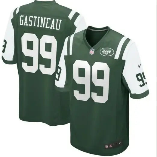Green and white New York Jets Nike Mark Gastineau football jersey featuring #99 logo