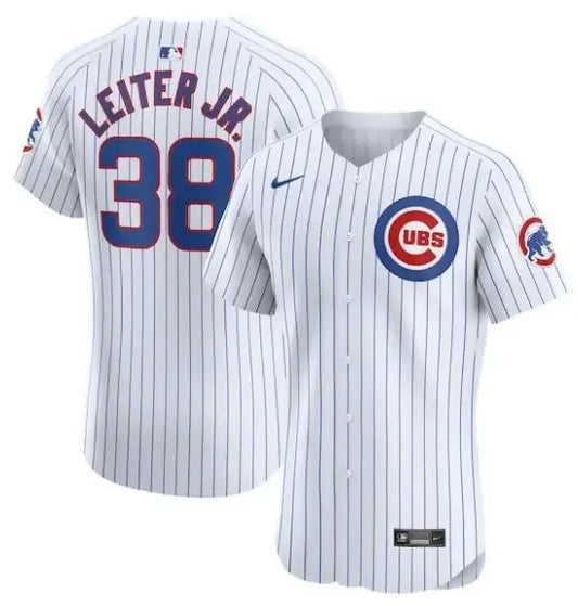 White pinstripe Chicago Cubs Nike Home Elite Player Jersey featuring Mark Leiter Jr. name