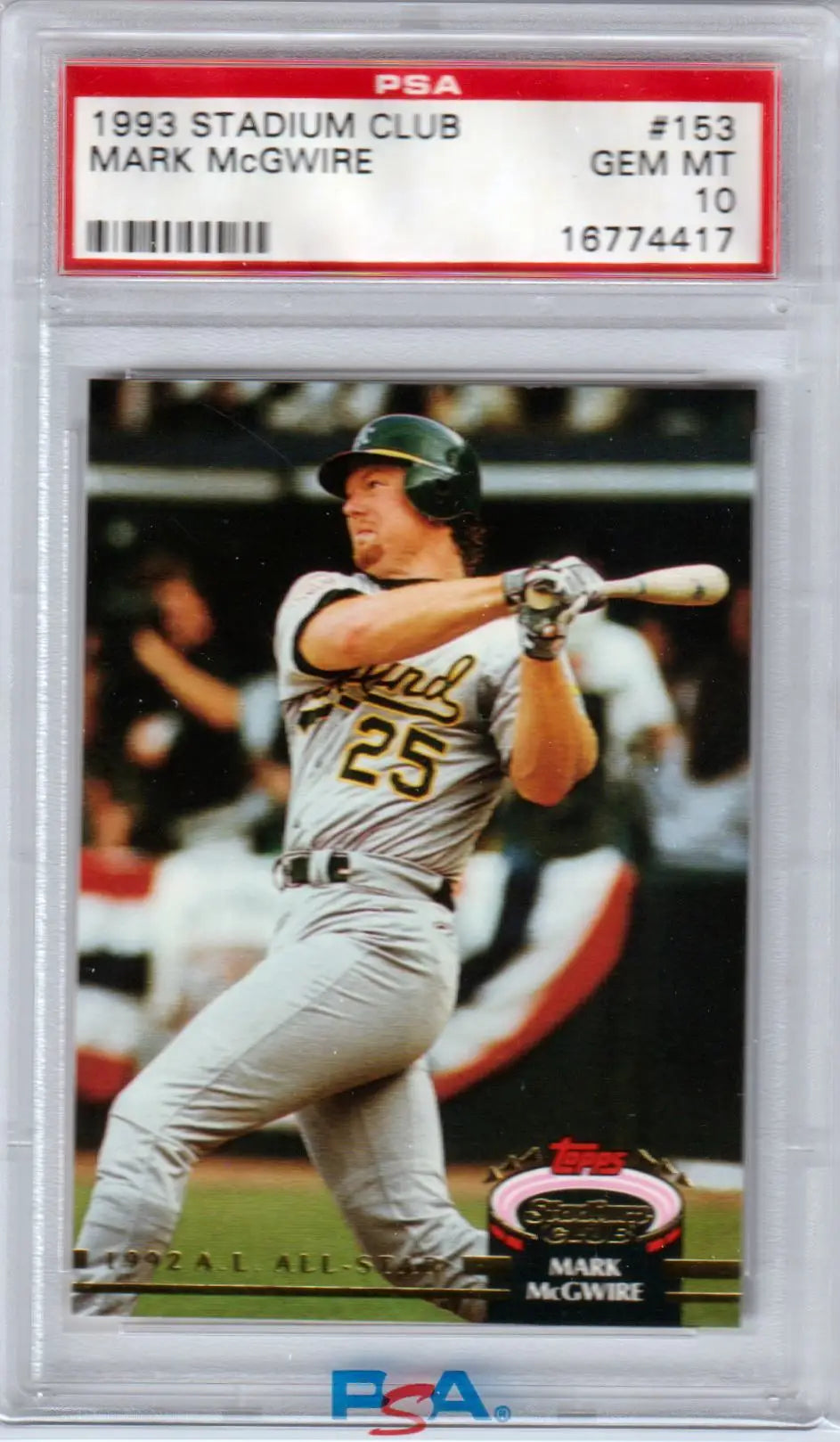 Graded 1993 Stadium Club Murphy Mark McGwire baseball card PSA 10 GEM MINT Athletics