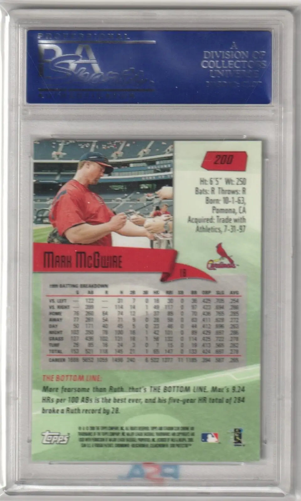 Encased Mark McGwire baseball card from Topps Stadium Club Chrome PSA 10 GEM MINT
