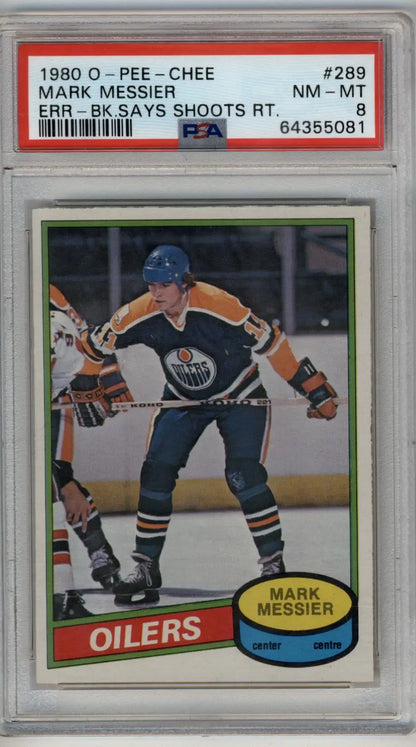 PSA-graded 1980 O-Pee-Chee Mark Messier rookie card in protective case for trading cards