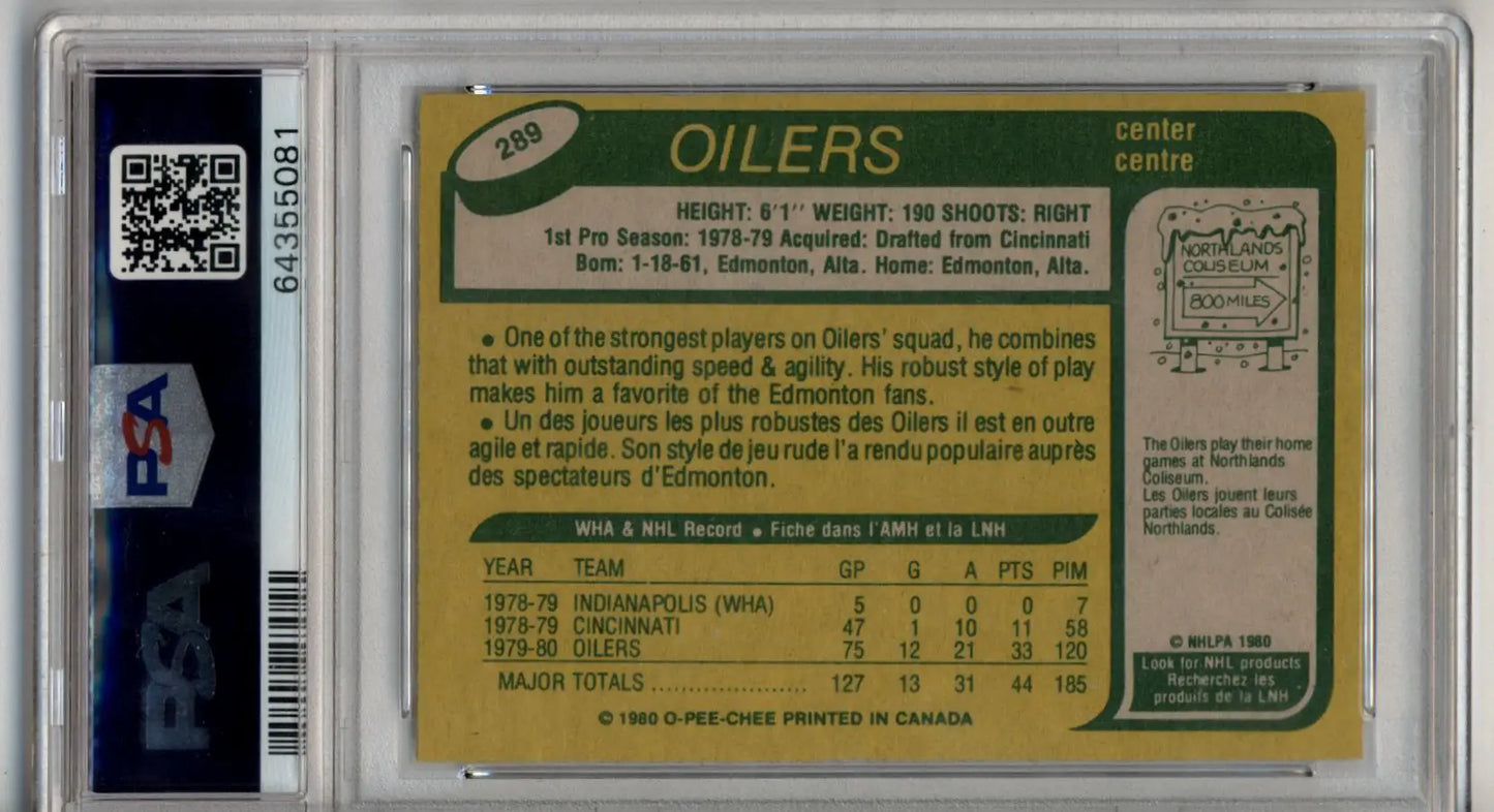 Mark Messier 1980-81 O-Pee-Chee Error PSA card in protective clear case