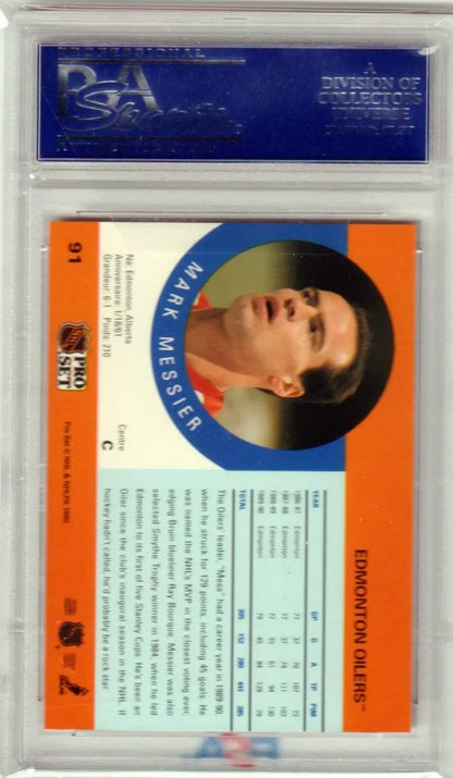Graded Mark Messier hockey card from 1990 Pro Set PSA 10 GEM MINT featuring Oilers player