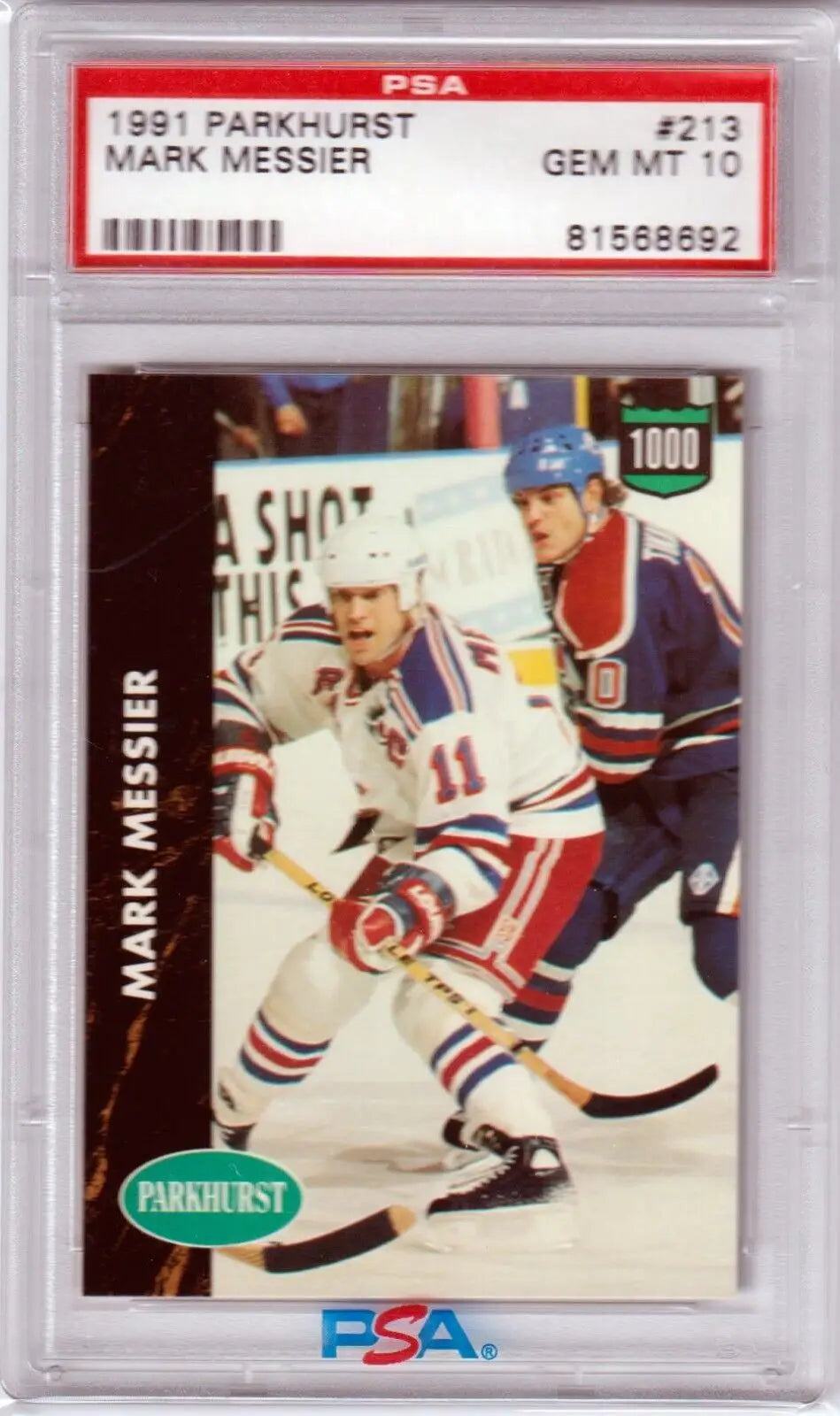 Graded Mark Messier hockey card from 1991 Parkhurst PSA 10 GEM MINT featuring Rangers player