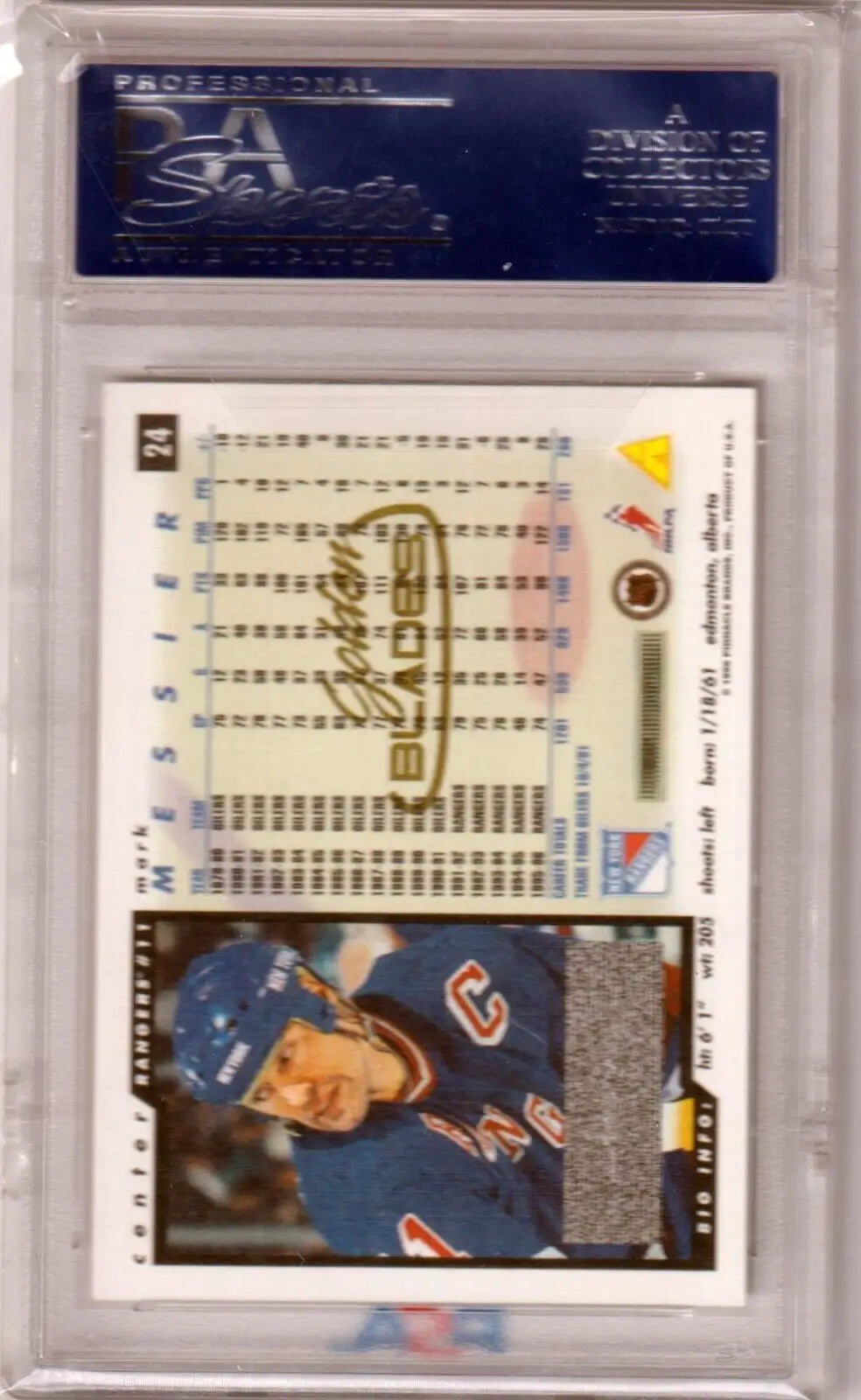 Encased Mark Messier hockey card from Columbia Hobby, PSA 10 gem mint, Rangers star