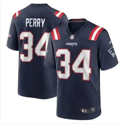Dark blue Mark Perry New England Patriots Nike Game Jersey with number 34 and PERRY on back