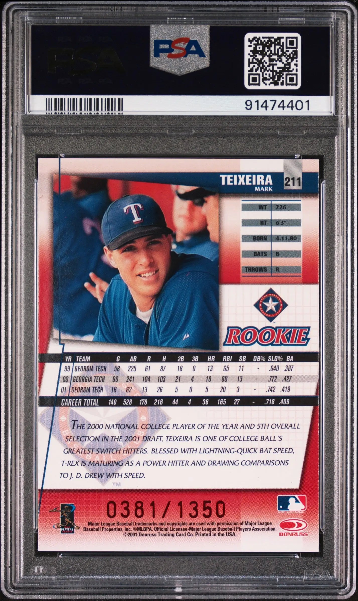 Graded Mark Teixeira rookie card from Donruss Best Of Fan Club by Columbia Hobby