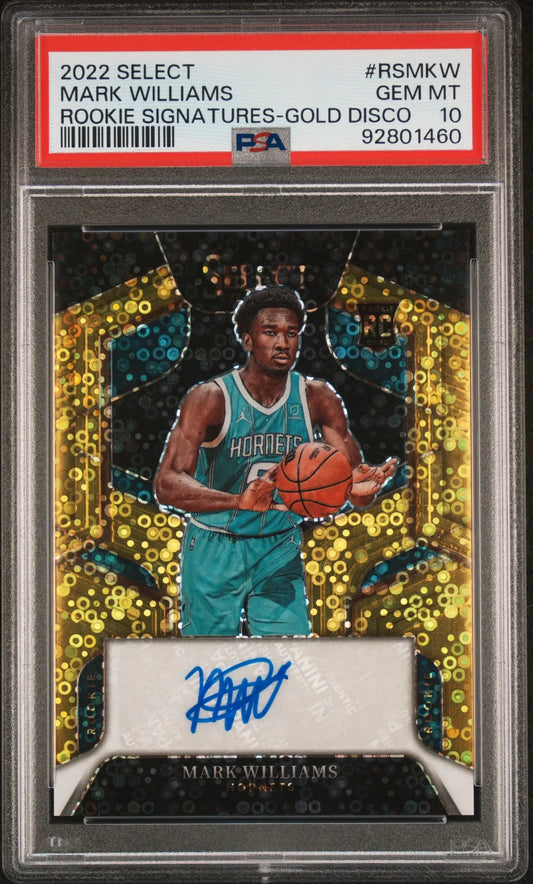 PSA-graded Mark Williams 2022 Rookie Signatures Gold Disco basketball card with autograph