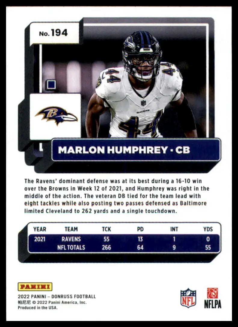 Marlon Humphrey football card from 2022 Donruss set featuring Baltimore Ravens player