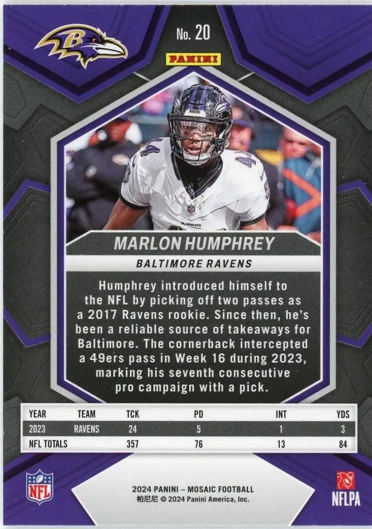 Marlon Humphrey Baltimore Ravens football card from 2024 Panini Mosaic series